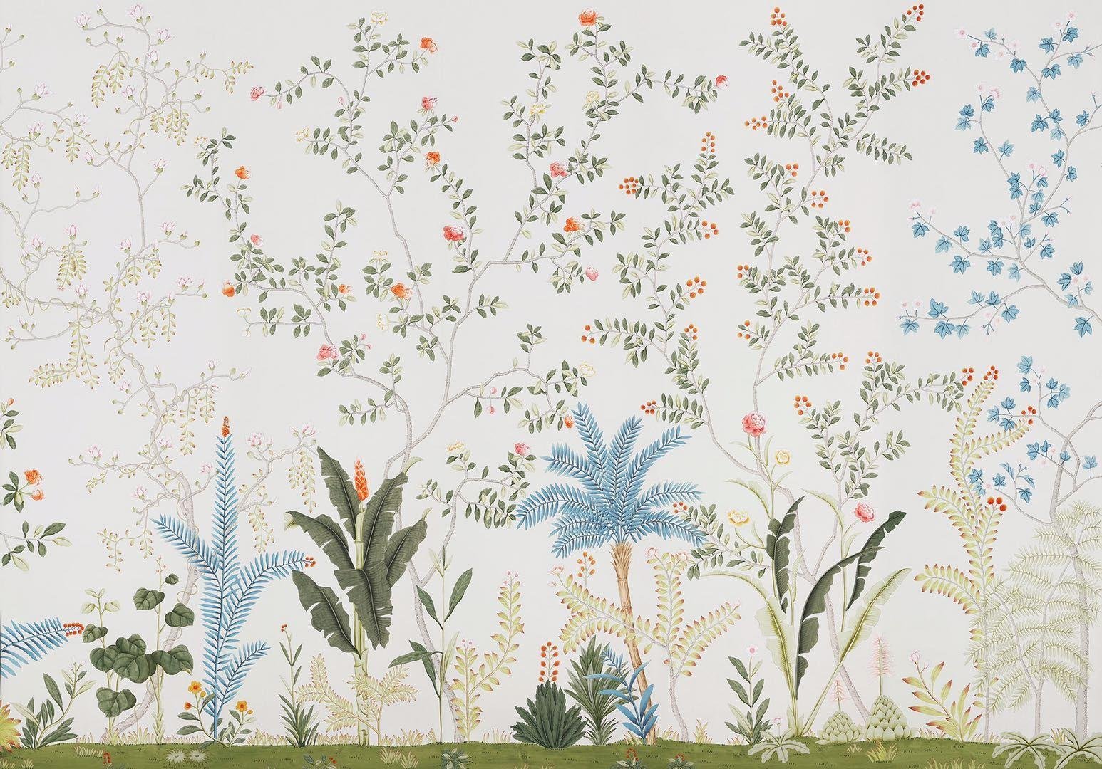 Palm Tree- Chinoiserie hand painted wallpaper on silk, Chinoiserie wallpaper