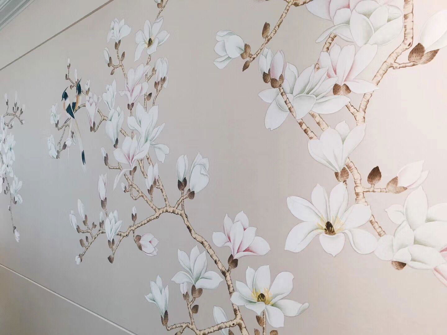 Magnolia hand painted wallpaper on slub silk, Chinoiserie wallpaper 2