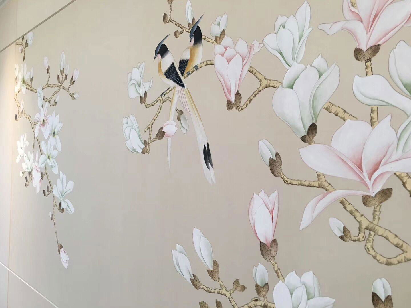 Magnolia hand painted wallpaper on slub silk, Chinoiserie wallpaper 3