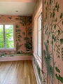 Palm tree Chinoiserie handpainted wallpaper on pink silk, Chinoiserie artworks
