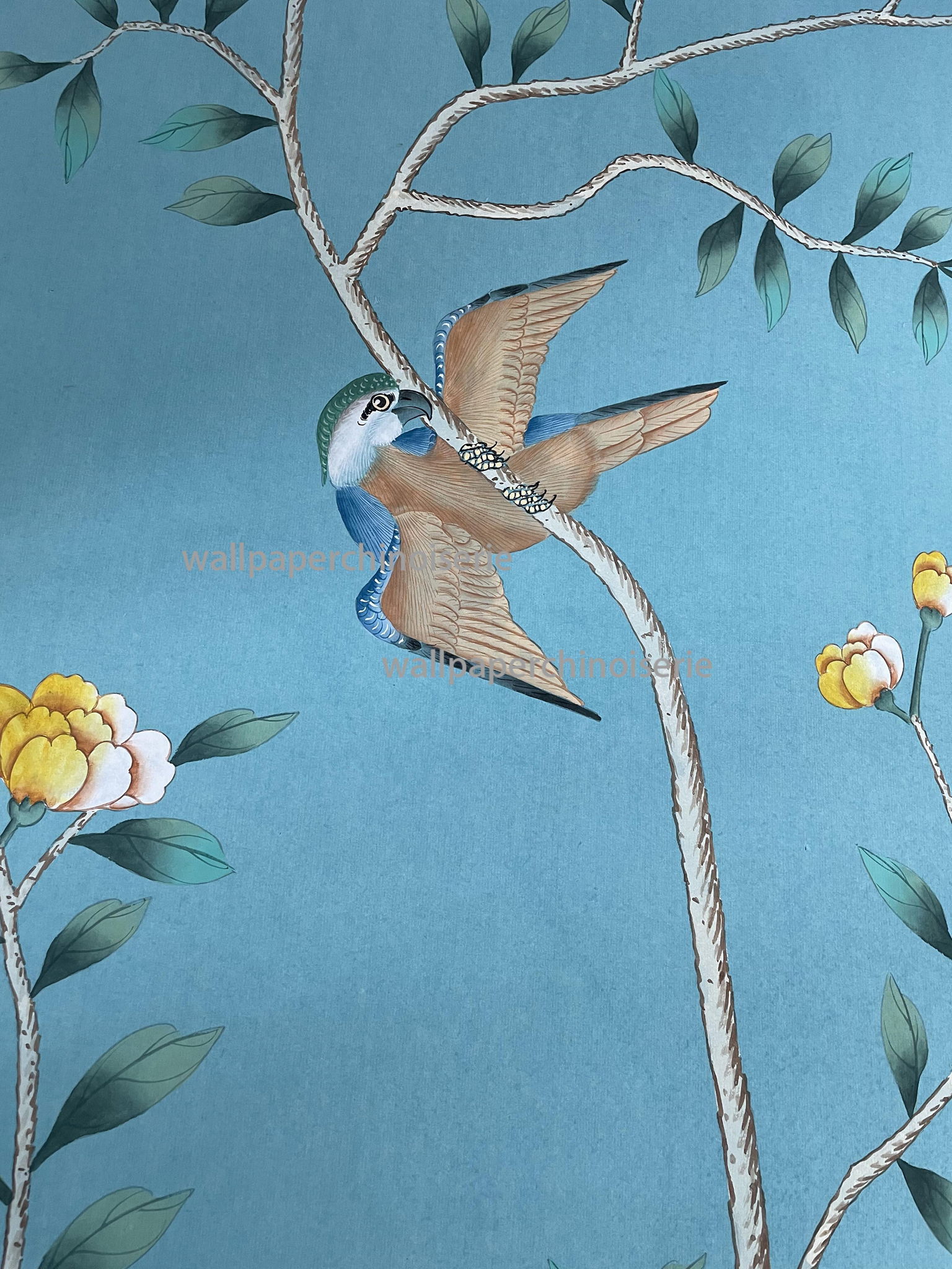 Chinoiserie Handpainted Wallpaper On Blue Xuan Paper 3ft by 9ft 2