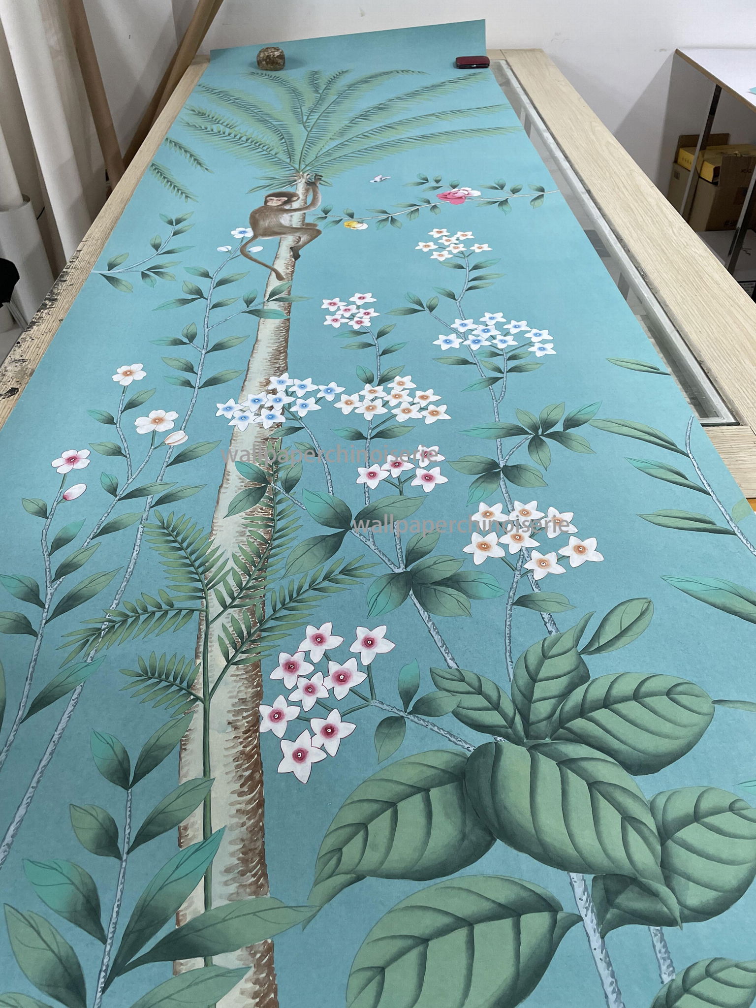 Chinoiserie Handpainted Wallpaper On Blue Xuan Paper 3ft by 9ft 5