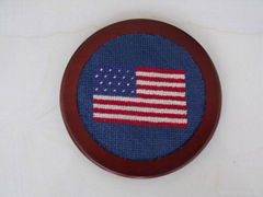 Handmade Round Needlepoint Coaster Set Wood Base