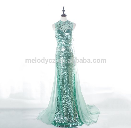 Green sequin high-necked muslim evening dress long for party 2