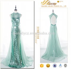 Green sequin high-necked muslim evening dress long for party