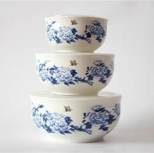 新品中国风青花陶瓷保鲜碗三件套