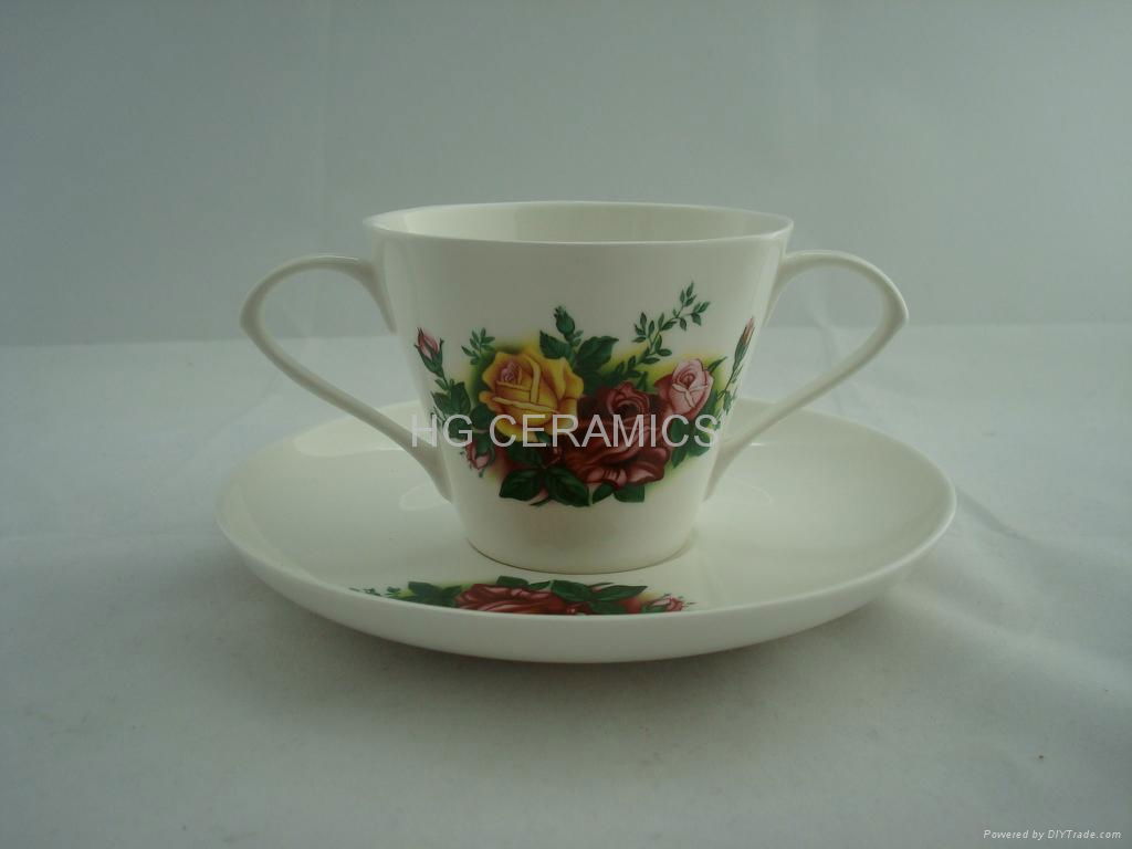 fine bone china double handle mug  with saucer 