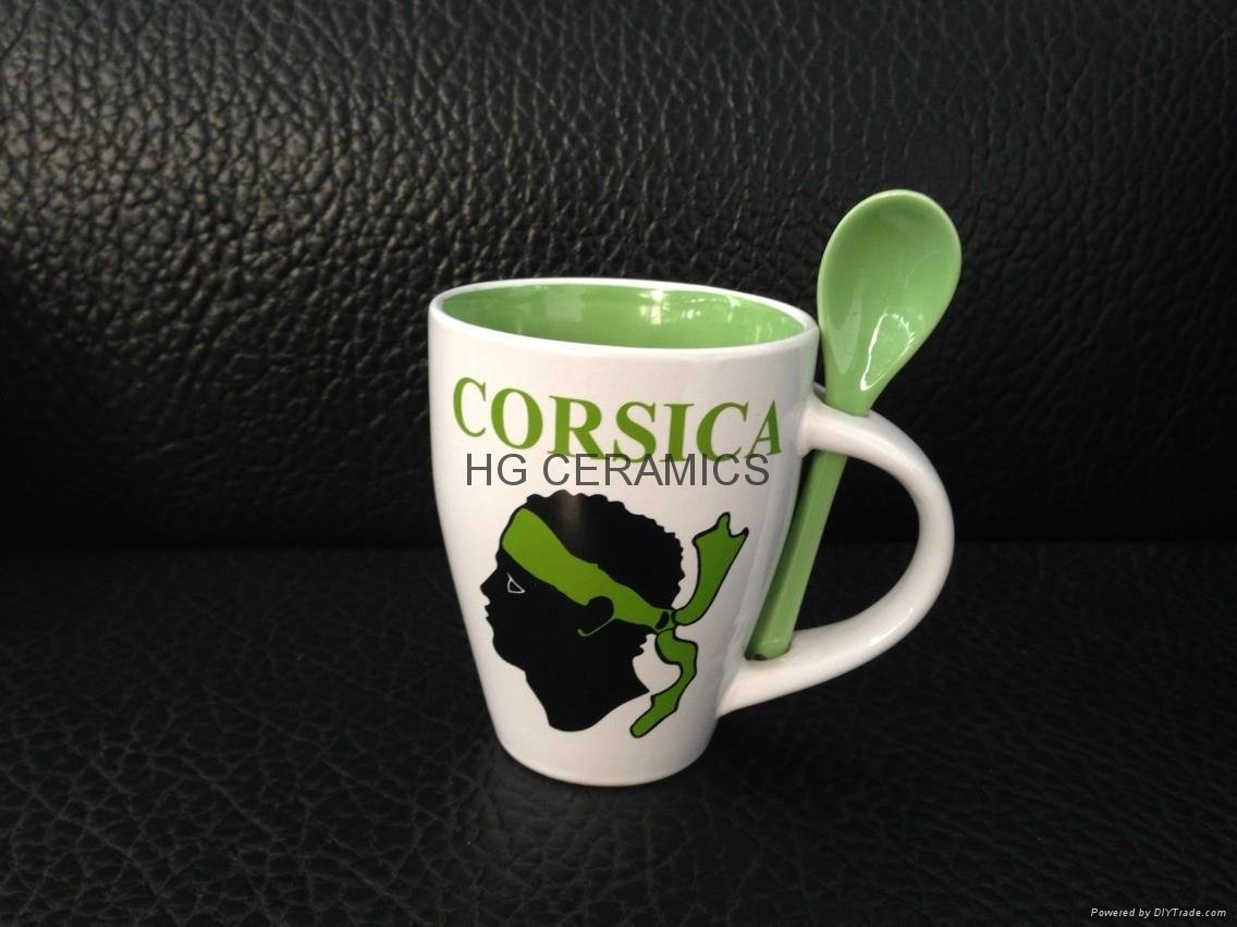 300ml spoon mug , inside color outside white with decal logo printing 
