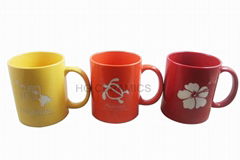 11oz yellow  red  color  mug with laser logo  