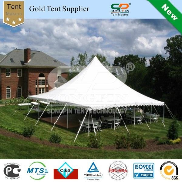 Solid white 40'x40' pole tent set with tables and chairs and dance floor  3