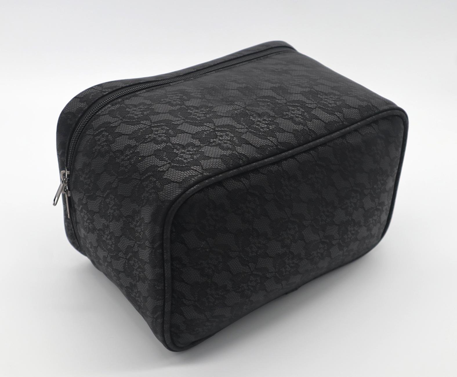 Lace patten black PU women cosmetic case with short handle  5