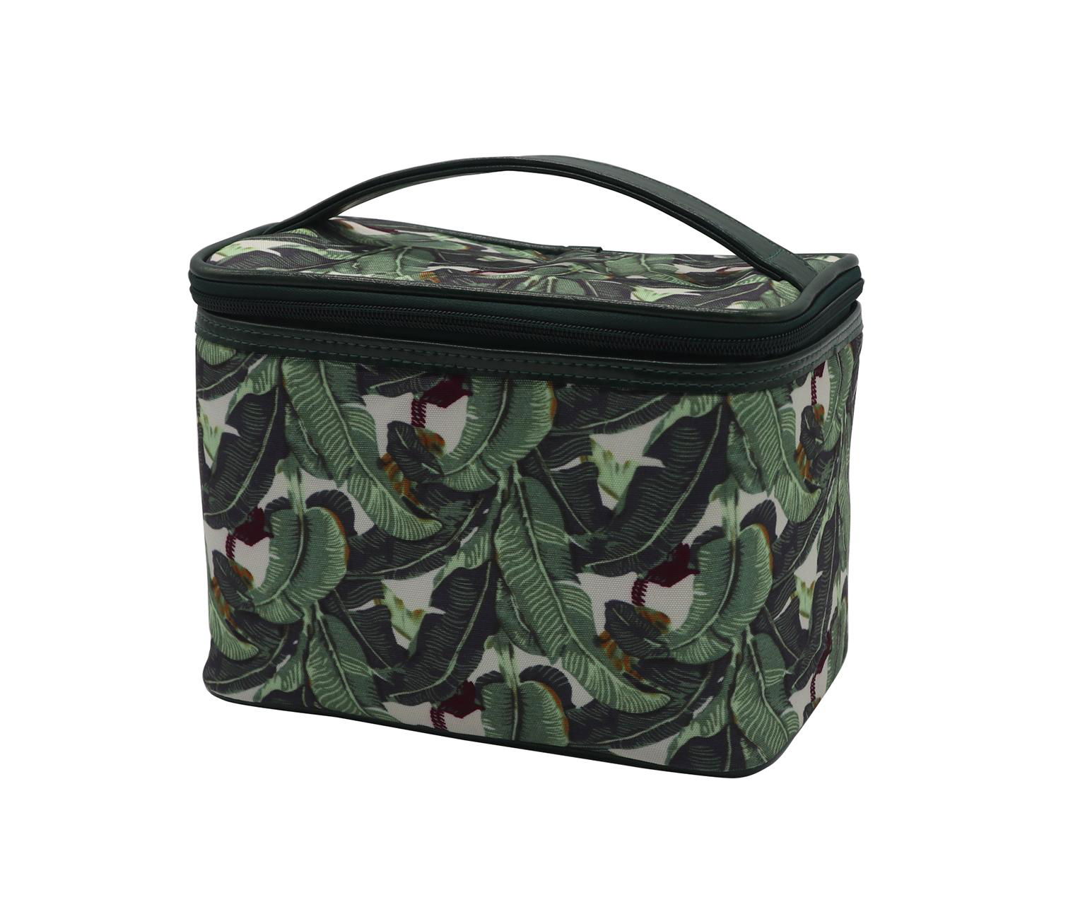 Full leaves polyester matt coate beauty lady cosmetic case in dark green colour 