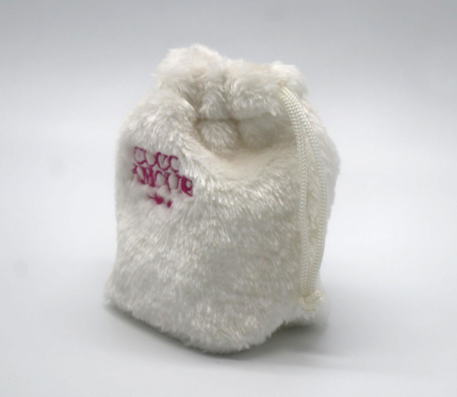 Fake fur lovely small drawstring bag in white with embroidery logo on front  2