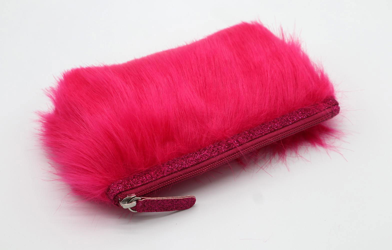Fake fur cute lady makeup bag pink color with glitter band at top 4