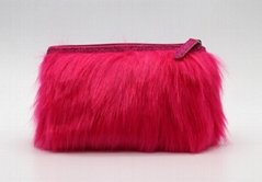 Fake fur cute lady makeup bag pink color with glitter band at top