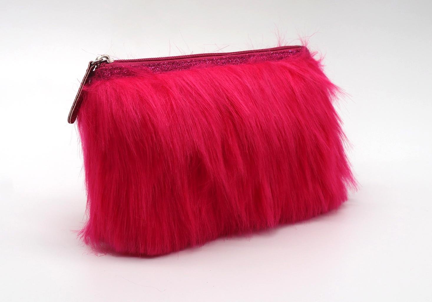 Fake fur cute lady makeup bag pink color with glitter band at top 2