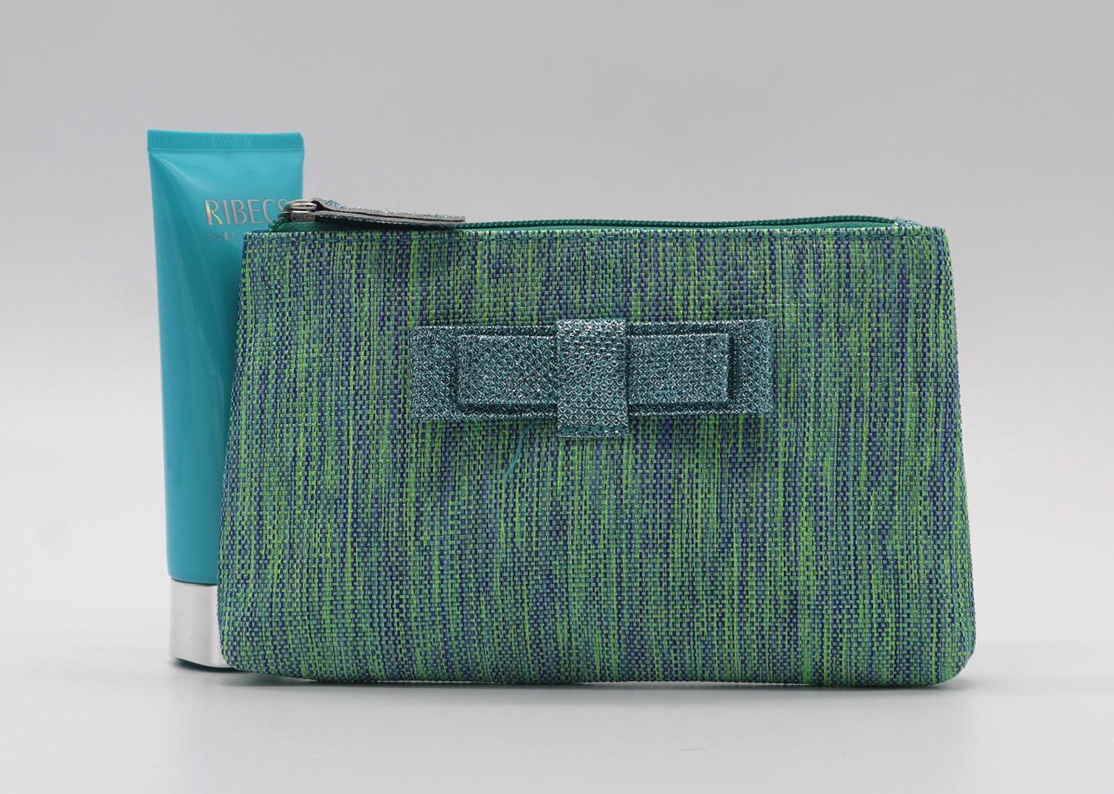 PP woven beauty lady cosmetic pouch with bow in malachite green colour 2