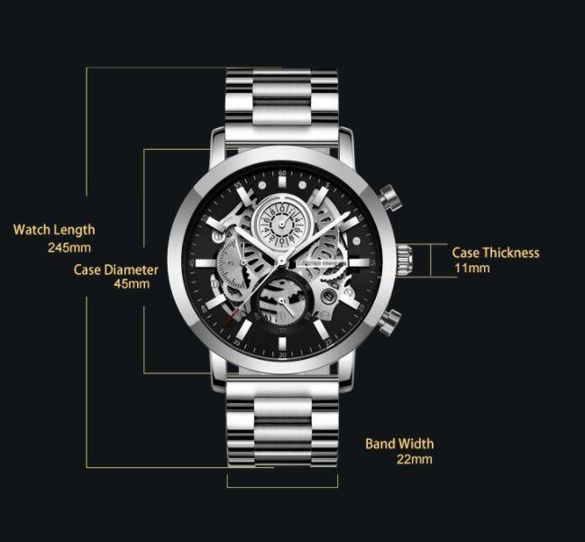 Cuntom Men Stainless Steel Waterproof 30m Mulifunction Skeleton Quartz Watch 2