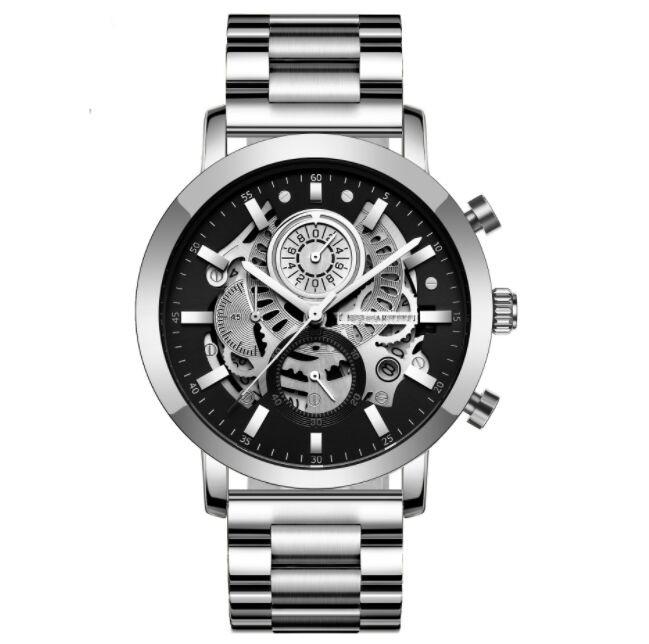 Cuntom Men Stainless Steel Waterproof 30m Mulifunction Skeleton Quartz Watch 3