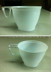 Plastic white coffee cup with handle