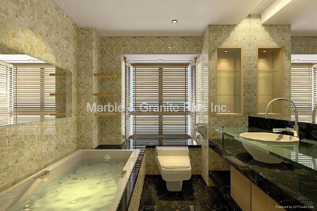 Installation of Solid MOP tile in restroom (rendering)