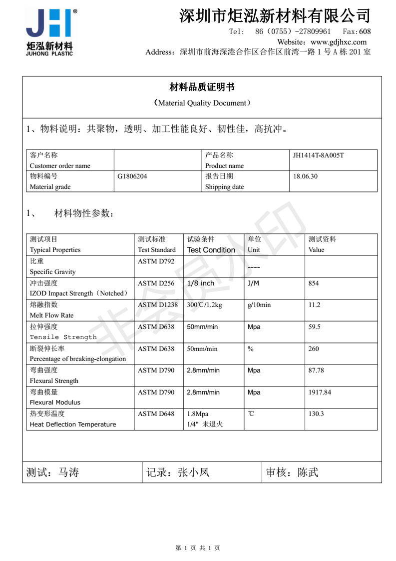PC/ Shenzhen Ju Hong /JH-EXL1414 cold resistant modified impact UV 3