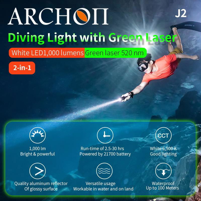 Archon J2 Diving Light with Green Laser and White LED lamp 1000Lumens 2
