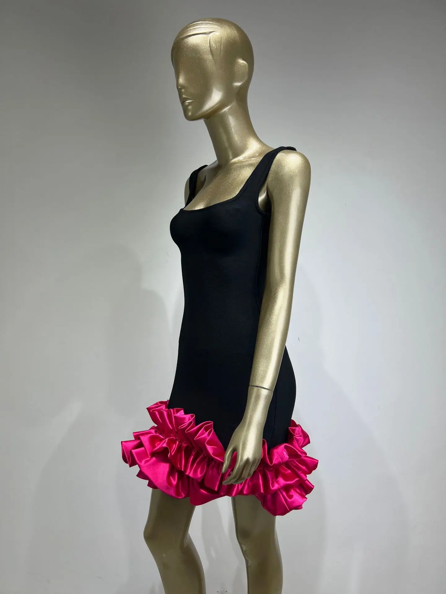 Women Summer Sexy Tank Backless Satin Ruffles Black Pink Midi Bandage Dress 2024 2