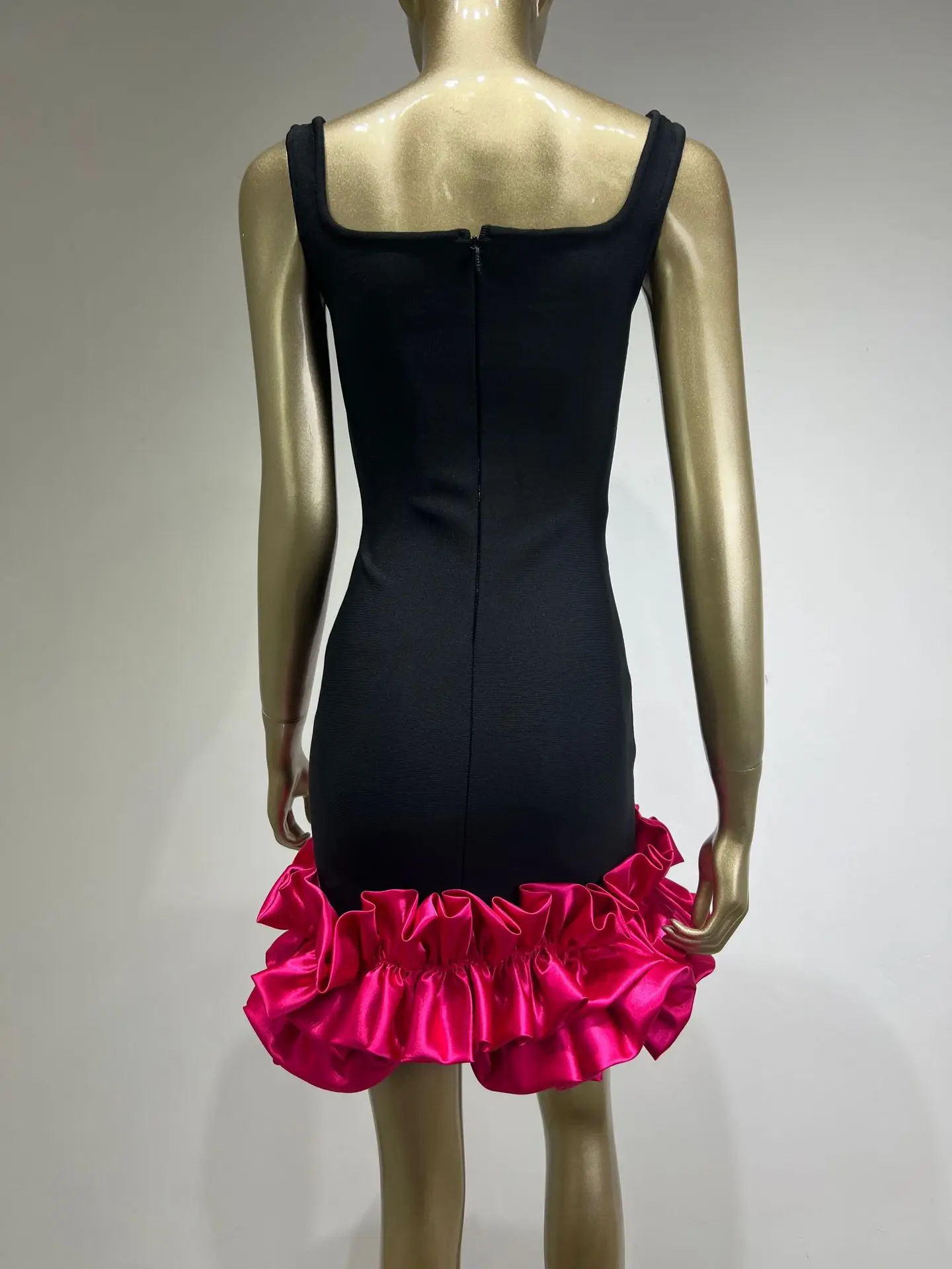 Women Summer Sexy Tank Backless Satin Ruffles Black Pink Midi Bandage Dress 2024 3
