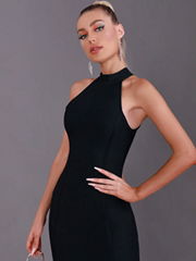 Women Summer Sexy Tank Ruffules Satin Black Mid-Calf Bodycon Bandage Dress 2024