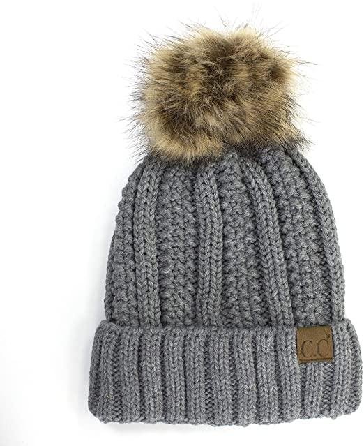 Warm soft thick cable knit beanie with faux fur pompom beanie 2