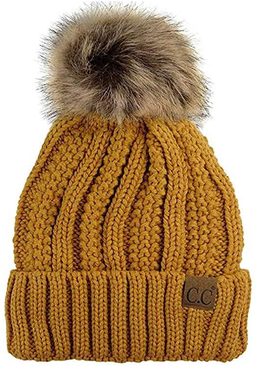 Warm soft thick cable knit beanie with faux fur pompom beanie 4