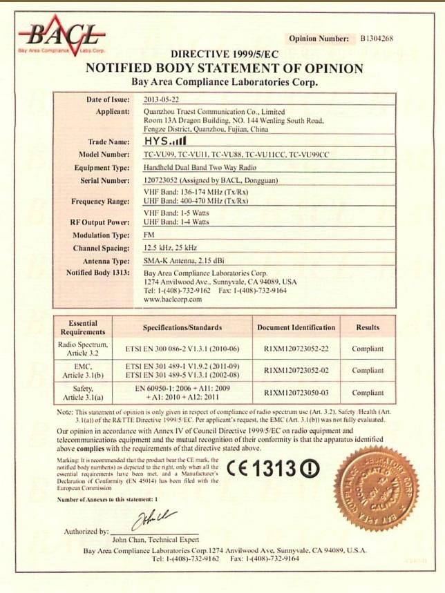 TC-VU99,TC-VU11,TC-VU88,TC-VU11CC,TC-VU99CC CE証書 