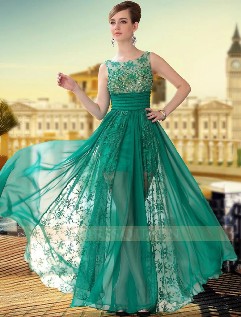 30650 Green Color Fashion See Through Silk Chiffon Prom dress 2015