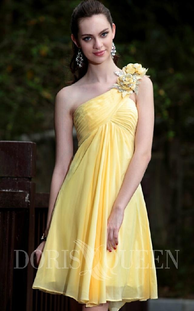 drop shipping hot sale one shoulder yellow cocktail dress  5
