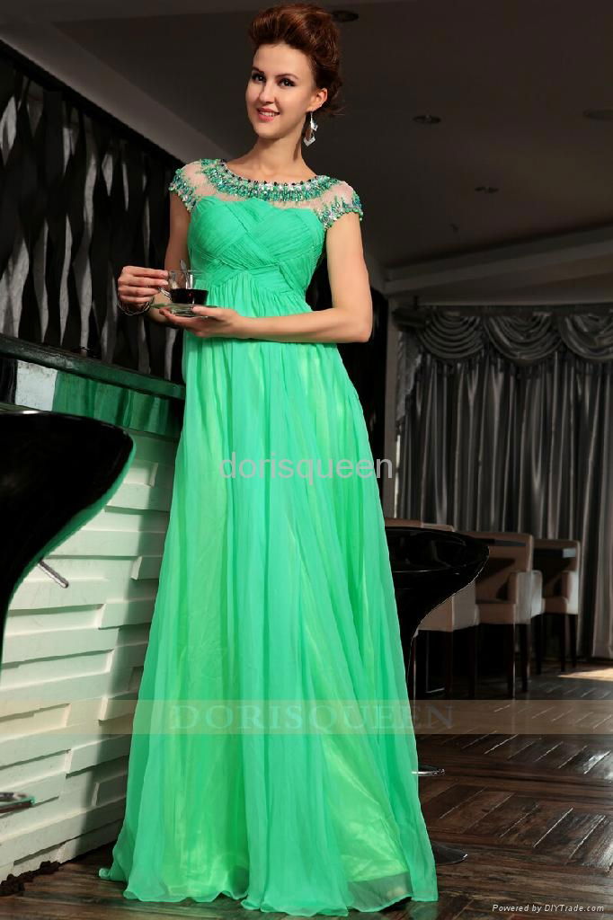 short sleeves white tulle green ruffle elegent evening dress wit