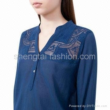 MAO Collar Shirt with Embroidered Yoke