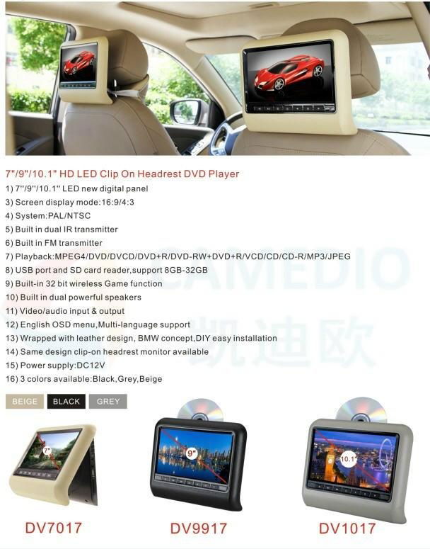 7/9/10.1inch HD LED Clip on Active Car Headrest Monitor with DVD Player Function 4