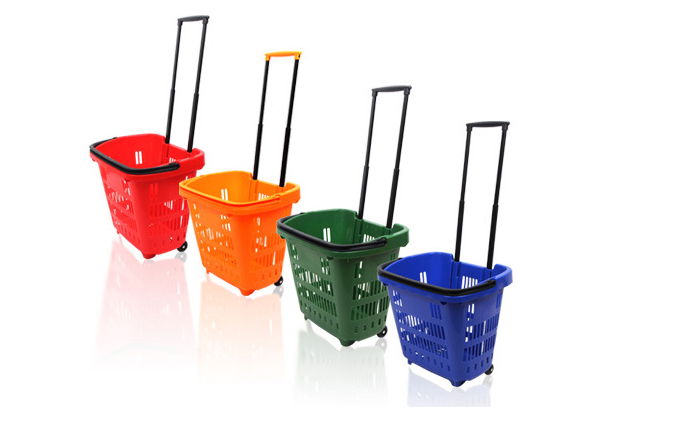 Supermarket Plastic Rolling Shopping Basket 