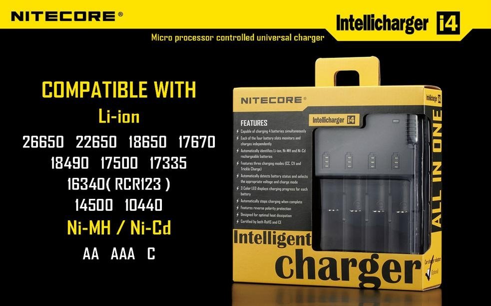 Nitecore Intelligent i4 for 4pcs Li-ion 3.7V18650 16340 Ni-MH battery charger 5