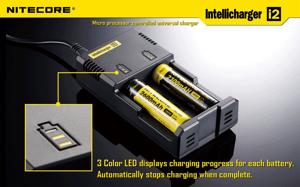 NiteCore IntelliCharger i2 Charger - for charging 18650, 16340(RCR123), 14500, e 3