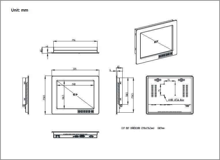 12.1" LCD Industrial Monitor HDMI DVI VGA 800x600 1024x768 or 1280x800 3