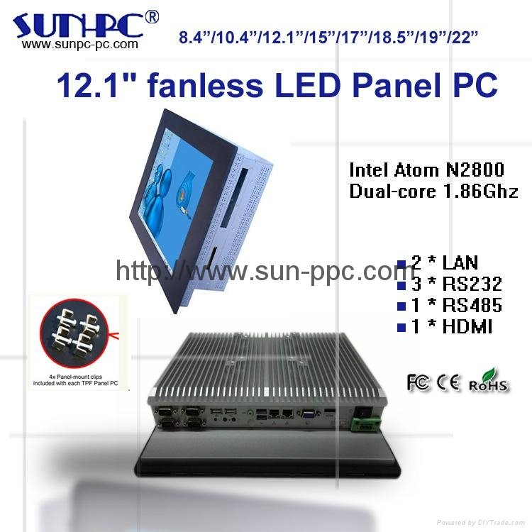 IP65 12.1" fanless industrial panel pc N2800 processor