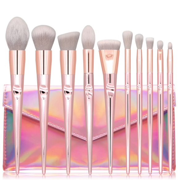 10 Rose Gold Rod makeup brush set