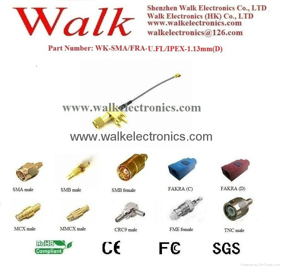 SMA female to u.fl 1.13mm(D) cable, IPEX 1.13mm(D) cable, u.fl cable, PCB mount