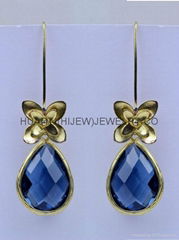 bezel gemstone earring,dangle teardrop capri blue stone bride hook earring