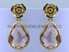 bezel set earring,hanging teardrop Champagne stone elegant rose earring stud 