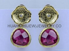 bezel  jewelry,dangle fuchsia stone unregular round earring studs