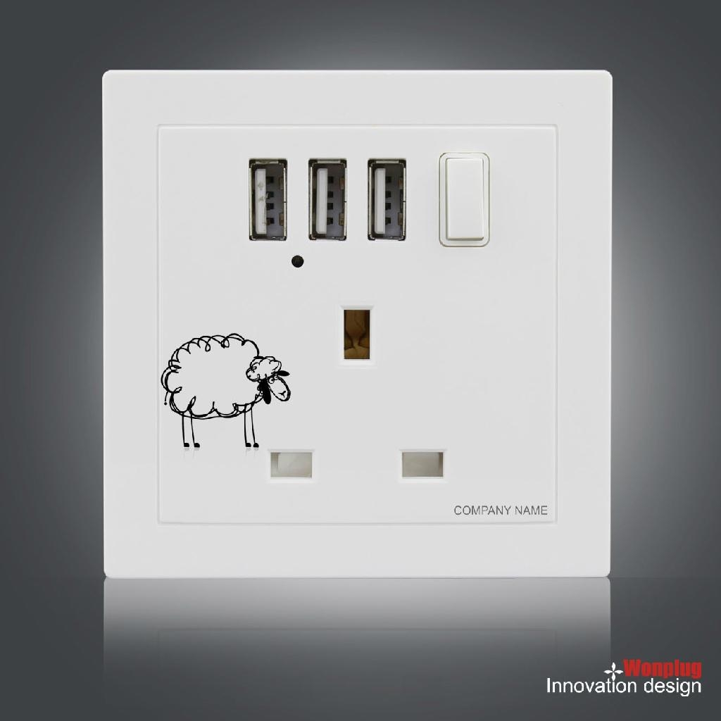 UK Wall Socket with 3 USB Port and Switch 2