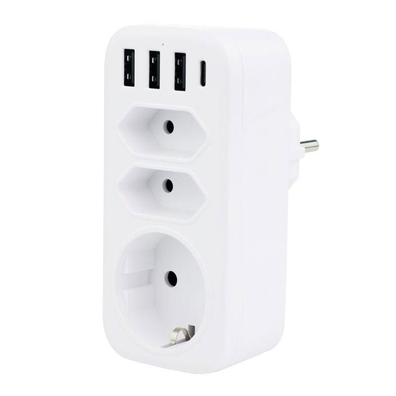 3-way 4USB EU Power Extension Socket Plug Adapter